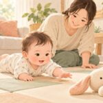 보호자가 지켜보는 매트 위에서 장난감을 향해 손을 뻗는 아기 삽화