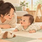 보호자가 지켜보는 가운데 깨어 있는 아기가 매트 위에서 터미타임을 하는 일러스트
