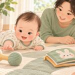 보호자가 지켜보는 가운데 매트 위의 딸랑이와 천 책을 보는 아기 삽화