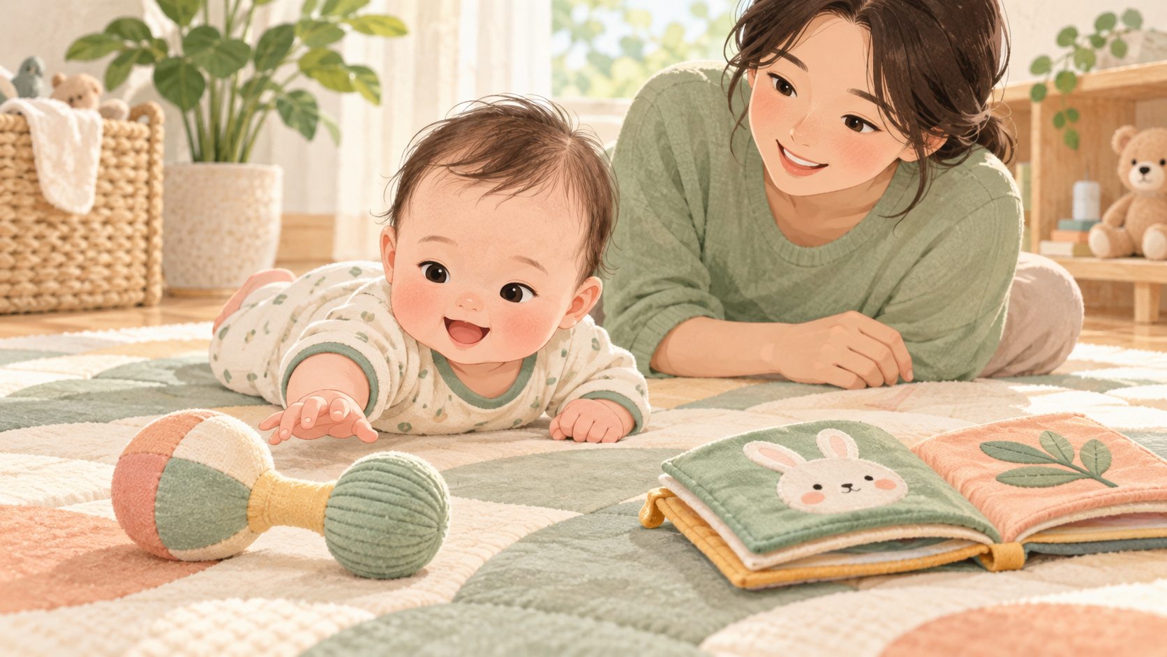 보호자가 지켜보는 가운데 매트 위의 딸랑이와 천 책을 보는 아기 삽화